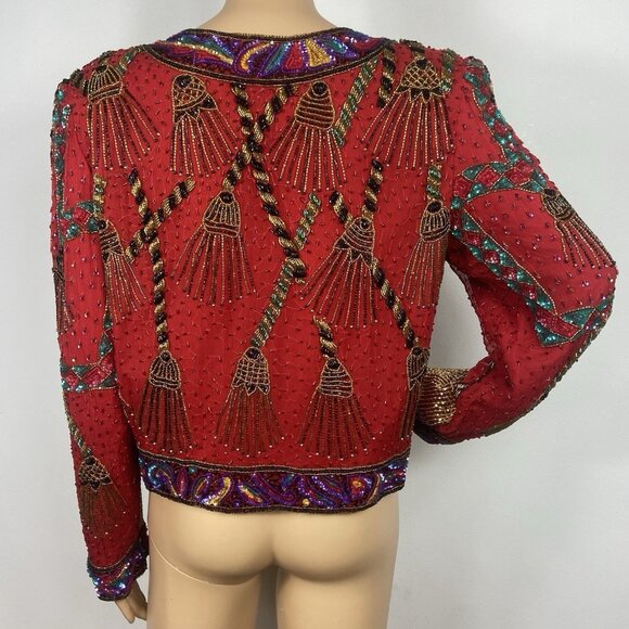 Vintage Laurence Kazar Heavy Beaded Silk Jacket Sz L Formal Tassel Blazer - Picture 8 of 12